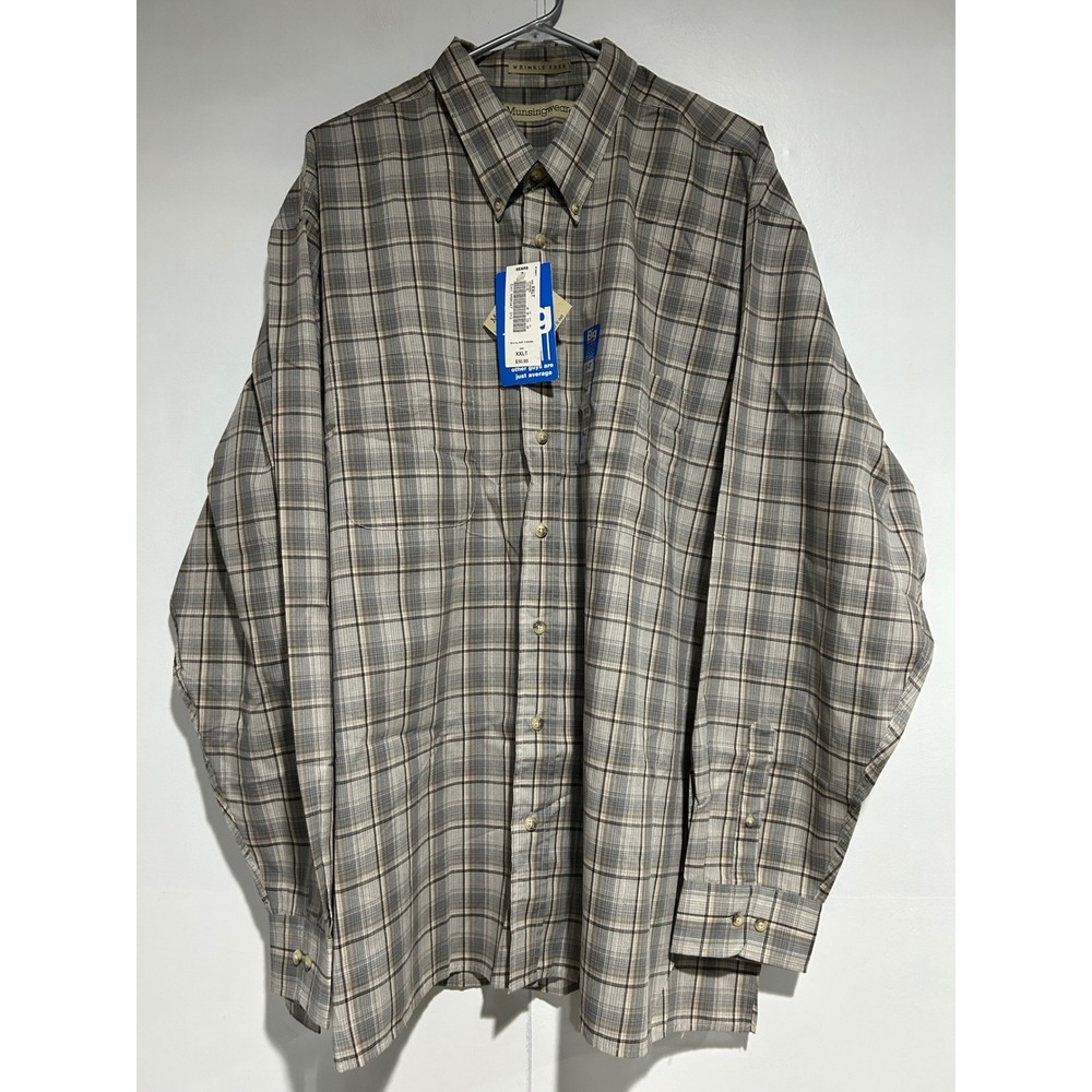 Munsingwear Button Down Men 2XLT Khaki Plaid Wrinkle Free Big & Tall Shirt